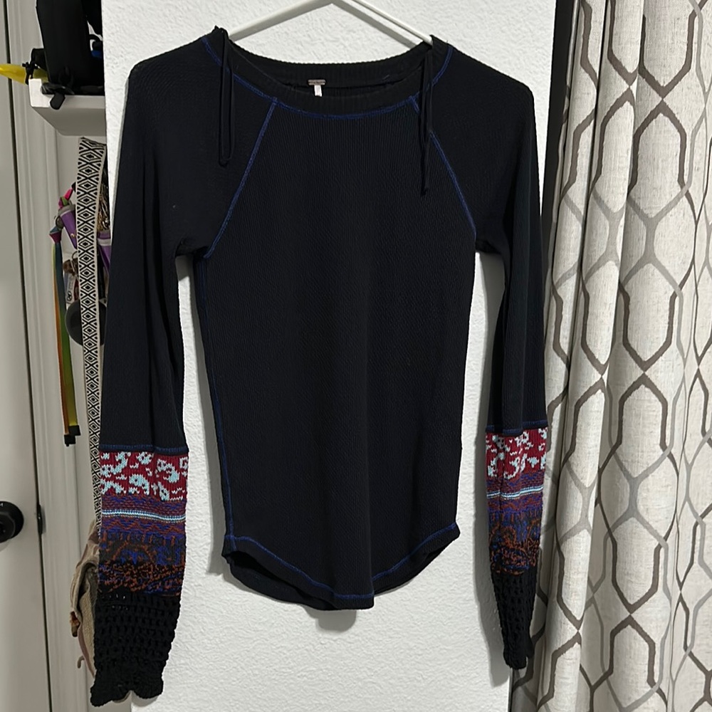 Free People Black Long Sleeve Top with Patterned Sleeves